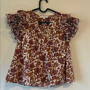 Anthro Love the Label Flutter Sleeve Floral Batik Cotton top XS no tassels